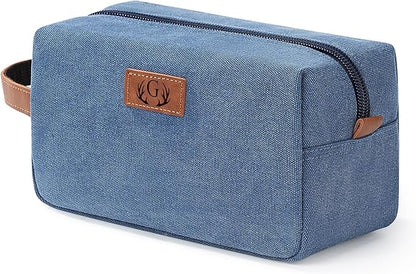 Janhavi Gifts for Husband, Waterproof Canvas Bag with Engraved Initials & Wheat Ear, Makeup Organizer Foldie Travel Bag Expandable, Men's Accessories Organizer, Mens Travel Bag Toiletry (Blue G)