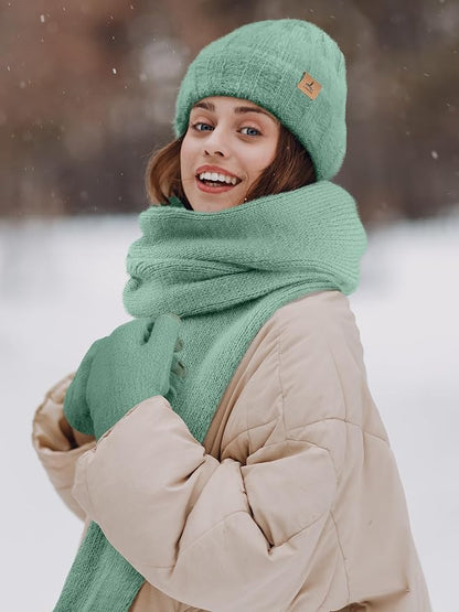 Winter Beanie Hat Scarf Gloves, Warm Fleece Knit Hat Long Scarf Neck Warmer Touch Screen Winter Gloves Set Gifts for Women