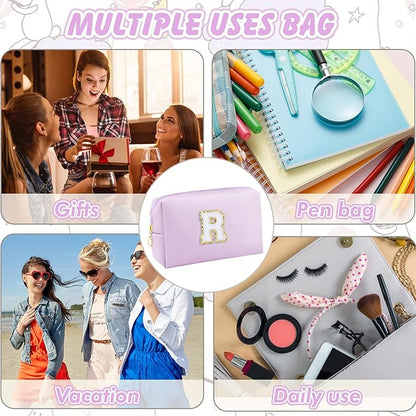 Gifts for Girls Initial Makeup Bag Personalized Cosmetic Bag with Zipper Cute Travel Toiletry Bag Waterproof PU Preppy Makeup Pouch Birthday Gift for Teen Girls Women(Purple R)