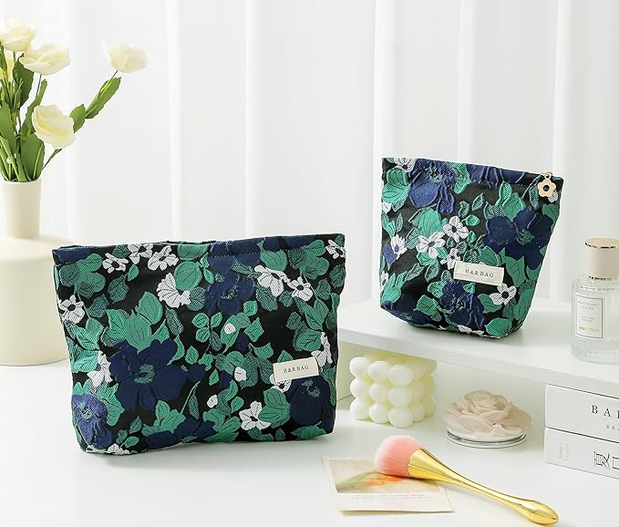 2 Pcs Makeup Bags, Large Cosmetic Bag Travel Toiletry Bag Organizer for Women, Embroidery Craft, Floral Makeup Bag Small Cosmetic Pouch Purse with Zipper Gifts for Girls Teen