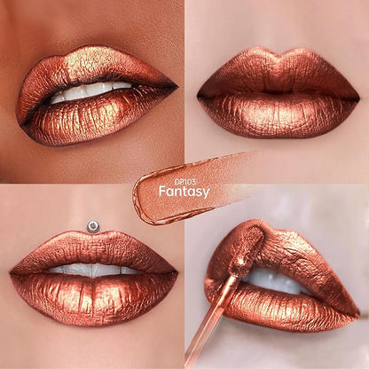 3Pc Lipsticks Set for Women Metallic Lipstick Long Lasting Dark Red Bronze Pink Lip Gloss, Metal Shine Lightweight Hydrating Full Coverage Lip Color, DP103/104/114