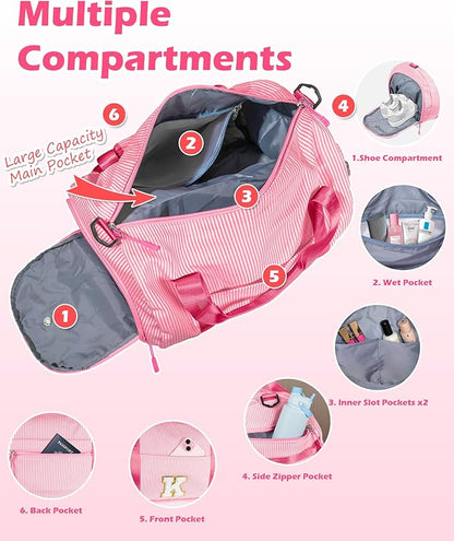 Girly Trendy Stuff, Girls Travel Duffle Bag, Kids Initial Overnight Bags with Shoe Compartment, Personalized Weekend Bag with Makeup Pouch, Gift for 5 6 7 8 9 10 Year Old Kid (Letter V)