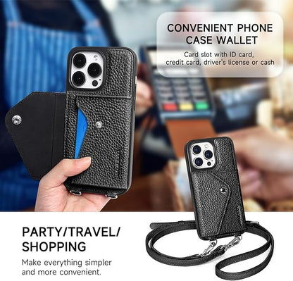 LUCKYCOIN Crossbody Wallet Phone Case for iPhone 14 Pro,100% Genuine Leather Wallet Phone Case with Expandable Flip Card Holder,Phone Purse for Women with Adjustable Removable Strap - Pebble Black