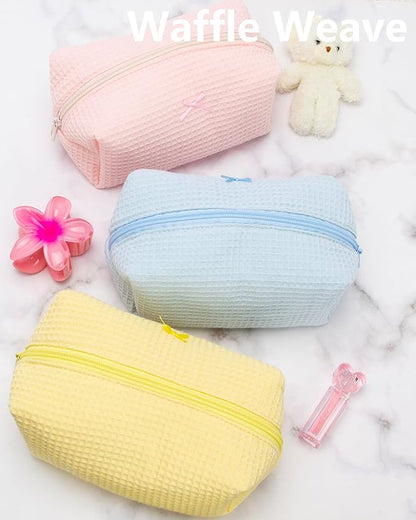 PAZIMIIK 2PCS Cozy Makeup Bag Travel Cosmetic Bag for Women Soft Toiletry Bag Aesthetic Makeup Organizer Portable Large Zipper Pouch for Skincare Beauty Accessories Brushes Waffle Check Blue