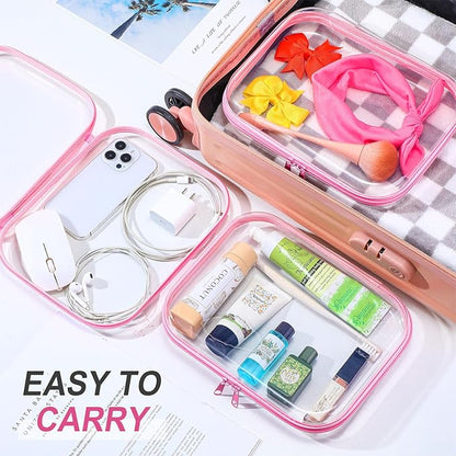 Sanwuta 6 Pcs Clear Hard Zipper Case Hard Plastic Zipper Pouches Makeup Bag Pencil Pouches Transparent Cases for Snacks Plastic Storage Organizer Box for Travel(Pink,9.84 x 7.87 x 2 Inch)