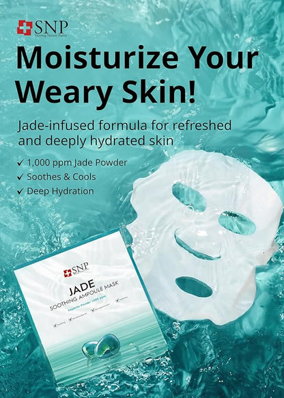 SNP 1000ppm Real Jade Mineral Ampoule Sheet Mask | Cleansing and Purifying All Sensitive Skin Types | Calming, Hydrating, and Moisturizing Facial Skin | Korean Face Masks Skincare | 10 Sheets