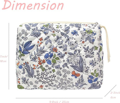 PAZIMIIK Quilted Makeup Bag Large Travel Zipper Soft Cosmetic Pouch for Women Girls Make Up,Leaf White