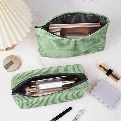 MAGEFY Makeup Bag 2 PCS Corduroy Make up Bag for Purse Travel Cosmetic Bag for Women Small Makeup Pouch Cute Makeup Brush Bag Preppy Stuff Travel Essentials - Green