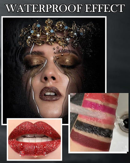 Diamond Glitter Matte Lipstick,Rose Red Tinted Lip Gloss,Metallic High Pigment Lip Stain Lipstain,Longlasting Waterproof Non-Stick Lipgloss Lipstick,Shimmer Lip Blam Tint,Makeup Gift for Women-04