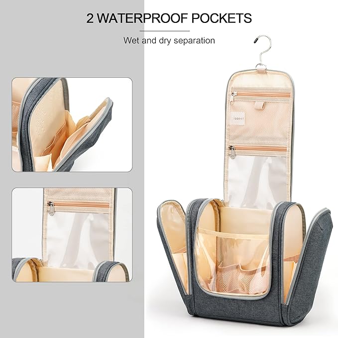 Hanging Toiletry Bag for Women & Men, Cruise Ship Travel Essentials, Holds Full Size Shampoo, with Dry and Wet Separation Cosmetic Bag, Makeup Organizer Bag, Bathroom Water-resistant Bag, Grey