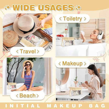 Personalized Initial Letter Bag Boho Straw Clear Makeup Bag,Small Cute Chenille Varsity Letter Pouch With Zipper,Beach Travel Toiletry,Portable Monogrammed Cosmetic Bag for Women Girls
