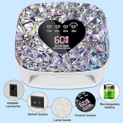 LIMEGIRL UV LED Nail Lamp Kit for Gel Polish Professional Fast White Diamond Design Curing Dryer Light Set with 4 Timers and Gloves Cordless Rechargeable Nail Art Cure Machine at Home and Salon