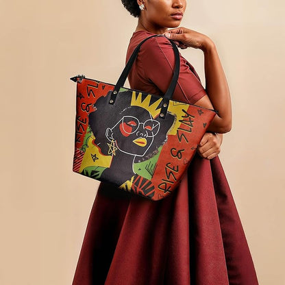 African Black Women's Leather Tote Bag, Large, Premium Vegan Leather, Full Zip, Perfect Christmas Gifts For Women