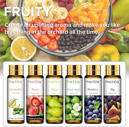 PHATOIL 9PCS Fruit Fragrance Oil Set for Soap Making Diffusers, 10ml/0.33fl.oz Cucumber Melon, Coconut & Vanilla, Peach, Pear, Green Apple, Blueberry, Apple, Fig, Lemon Fragrance Oil Essential Oils