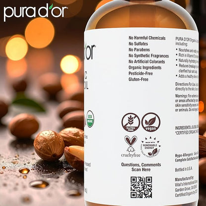 PURA D'OR 16.9 Oz Organic Jojoba Oil (GLASS BOTTLE) USDA Certified - 100% Pure & Natural Moisturizer - Cold Pressed, Unrefined, Hexane Free Base Carrier Oil For DIY Skin Care, Hair, Face & Nails