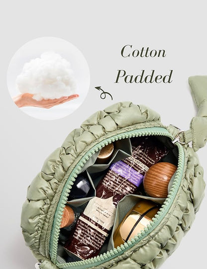 Yarnic Quilted Makeup Bag Cosmetic Bag, Small Puffer Makeup Pouch Soft Puffered Make up Pocket Travel Toiletry Bag for Women, Cute Makeup Bag Organizer (S, Sage Green)