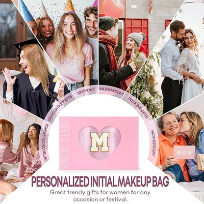 mibasies 2 PCS Initial Makeup Bags: Mothers Day Gifts for Women - Best Friend Birthday Gifts Graduation Gifts Wedding Bridesmaid Girlfriend Wife Daughter Sister Girl Gifts - Pink M