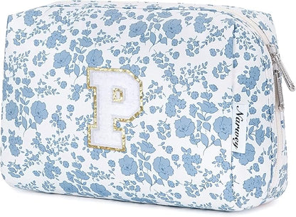 Narwey Birthday Gifts for Teen Girls Kids Women Personalized Initial Floral Makeup Bag Cute Cosmetic Trendy Stuff 6 8 10 11 12 13 14 16 18 Years Old Travel Toiletry Bag (Little Blue Flower P)
