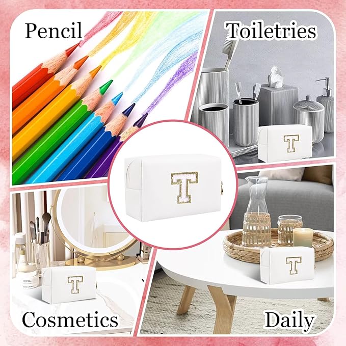 Small Personalized Letter Makeup Bag, Cute PU Leather Chenille Letters Cosmetic Bag Travel Makeup Pouch, Preppy Travel Organizer Zipper Pouch for Women&Girls（White-T）