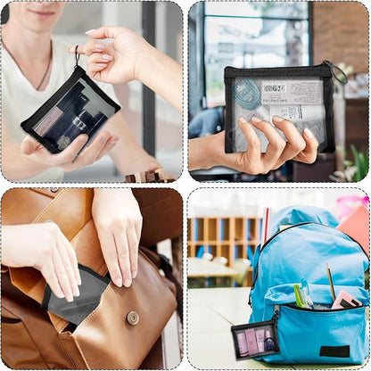 Mini Mesh Pouches (4 Pack), Small Mesh Bags with Zipper Nylon Makeup Pouches Bag Cosmetic Pouch Travel Purse Organizer Insert Diaper Inside Bag Organizers Home Organizing Size See Through Cute Black