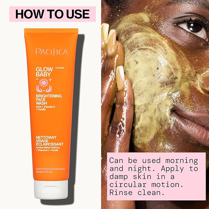 Pacifica Glow Baby Brightening Facial Cleanser 5oz – Vitamin C & Glycolic Acid (AHA) Face Wash for Radiance – Daily Cleanser for Anti-Aging Exfoliating for Smooth, Even Glowing Skin Vegan Clean Beauty