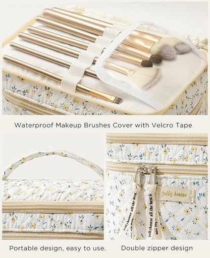 HBselect 2Pcs Travel Makeup Bag, Large Cotton Quilted Makeup Bag Cosmetic Bag Cute Make up Bag Toiletry Bags for Women Girls