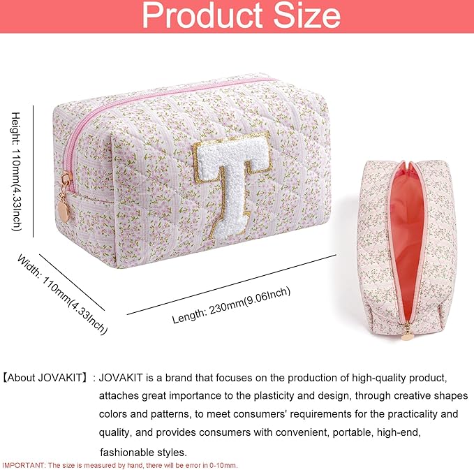 JOVAKIT Alphabet Makeup Bag Cosmetic Bag for Women, Christmas Gifts for Girls Age 6-18, Floral Flowers Coquette Travel Toiletry Zipper Make Up Pouch Organizer Trendy Stuff (Pink Floral T)