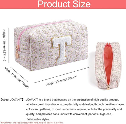 JOVAKIT Alphabet Makeup Bag Cosmetic Bag for Women, Christmas Gifts for Girls Age 6-18, Floral Flowers Coquette Travel Toiletry Zipper Make Up Pouch Organizer Trendy Stuff (Pink Floral T)