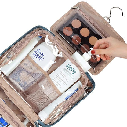 NISHEL Travel Toiletry Bag for Women Large Capacity, Makeup Essentials Organizer, Hanging Case for Accessories, Cosmetics, Lake-Blue