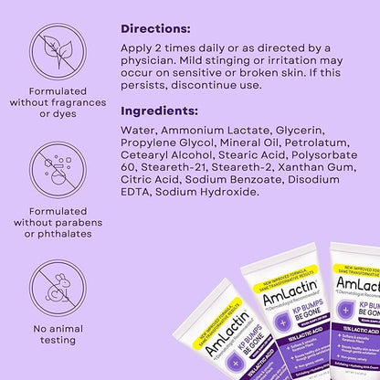 AmLactin KP Bumps Be Gone - Therapeutic Body Cream for Keratosis Pilaris - No-Scrub Exfoliator and Moisturizer with 15% Lactic Acid AHA, 3 oz (Packaging May Vary)