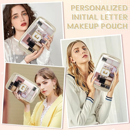 Personalized Initial Clear Makeup Bag, Travel Chenille Patch Cosmetic Bag, Preppy Toiletry Bag Monogram Cosmetic Pouch with Zipper, Ideal Gift for Teen Girls Women (Clear-Beige, G)