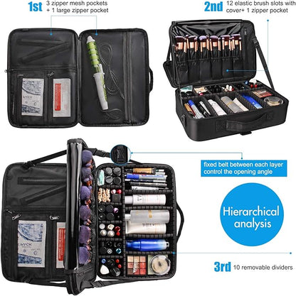 Relavel Makeup Case Large Makeup Bag Professional Train Case 16.5 inches Travel Cosmetic Organizer Brush Holder Waterproof Makeup Artist Storage Box, 3 Layer Large Capacity, with Adjustable Strap