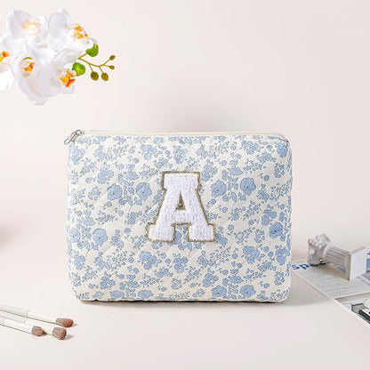 JOVAKIT Alphabet Makeup Bag Cosmetic Bag for Women, Christmas Gifts for Girls Age 6-18, Floral Flowers Coquette Travel Toiletry Zipper Make Up Pouch Organizer Trendy Stuff (2Pcs Blue Floral A)