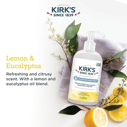 Kirk's Odor-Neutralizing Clean Hand Soap Castile Liquid Soap Pump Bottle | Moisturizing & Hydrating Kitchen Hand Wash | Lemon & Eucalyptus Scent | 12 Fl Oz. Bottle