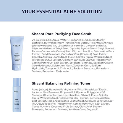 Codex Labs Shaant Deep Cleanse & Tone Kit, Pore Purifying Scrub (100g) & Refining Toner (100ml) - Oil Control & Pore Minimizer - for Acne Prone Skin - with 2% Salicylic Acid, 2% Gluconolactone (PHA)