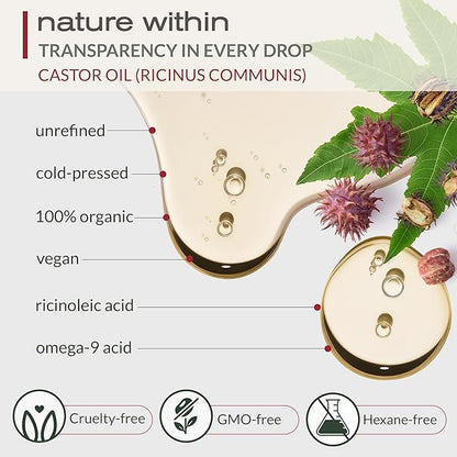 Ella & Eden Organic Castor Oil | Big 32oz Glass Bottle | Cold-Pressed, Hexane-Free, USDA Certified, Unrefined & 100% Pure - for Hair Growth