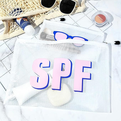 SOIDRAM 2PCS SPF Makeup Bag Clear Zippered SPF Bag Cosmetic Pouch Waterproof Travel Toiletry Organizer for Women Varsity Letter Patch Beach Pool Essentials