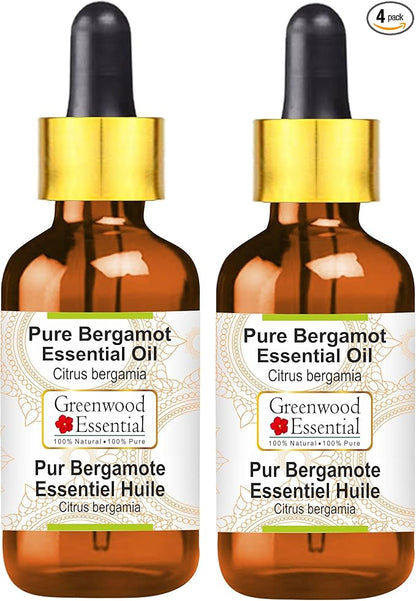Greenwood Essential Pure Bergamot Essential Oil (Citrus bergamia) with Glass Dropper Steam Distilled (Pack of Two) 100ml X 2 (6.76 oz)