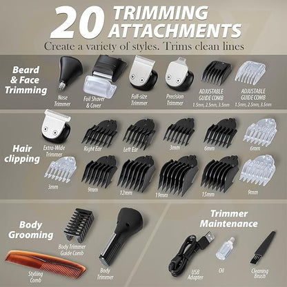 Beard Trimmer, 21 Piece Mens Grooming Kit for Beard & Mustache Trimming, Electric Shaver, Nose Hair Trimmer, Cordless Hair Clippers, Waterproof, Silver