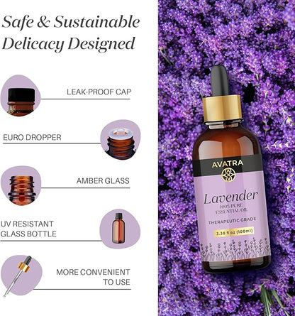 Avatra Lavender Essential Oil 100ML (3.38 OZ) with Glass Dropper and Travel Bottle, Pure and Natural Therapeutic Grade Lavender Oil for Diffuser, Aromatherapy, Massage, and DIY Candle Products