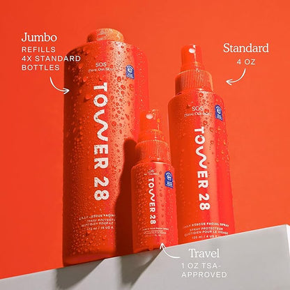 Tower 28 SOS Daily Rescue Facial Spray for Sensitive Skin, Hypochlorous Acid Spray Helps Visibly Reduce the Appearance of Redness and Breakouts, Travel Size Toner for Face, 1 FL Oz
