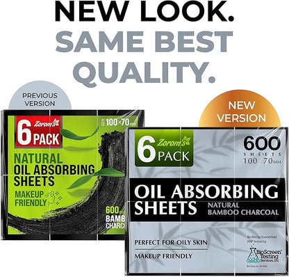 Natural Oil Blotting Sheets for Face with Bamboo Charcoal - 6pk/600 Makeup Friendly Oil Absorbing Sheets for Face - Blotting Papers for Oily Skin - Perfect for Keeping in Purse - Oil Control Film