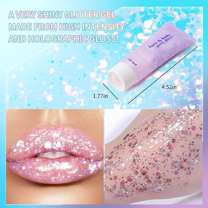 DAGEDA Silver Pink Body Glitter Gel, Holographic Face Glitter Rave Party Accessories, Chunky Glitters for Hair Eyes Nails, Cosmetic Laser Powder Festival Sequins Paint Makeup