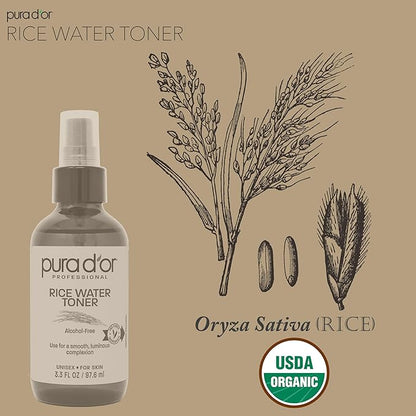 PURA D'OR 3.3 Oz Rice Water Facial Toner - Hydrating, Balancing & Soothing Formula with Natural Extracts - Skin Texture Support for Radiant Skin - Alcohol-Free - Travel Size