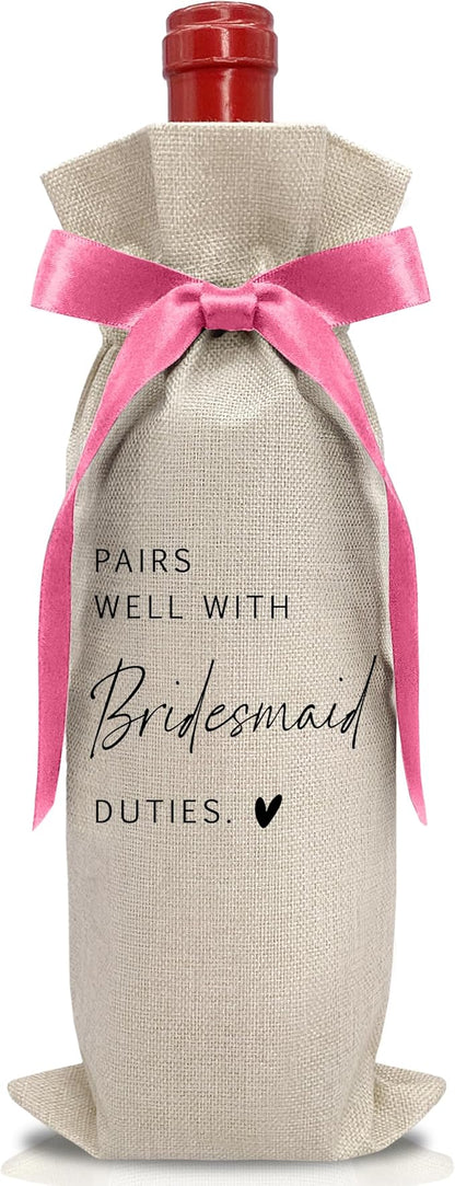 Cute Pink Bow Ribbon Engagement Gift Wine Bag - 1 PCS Bride to Be Gifts for Bridesmaids Bride and Groom Couples Her Him Will You Be My Bridesmaid for Getting Married Engagement Bridal Shower - A50