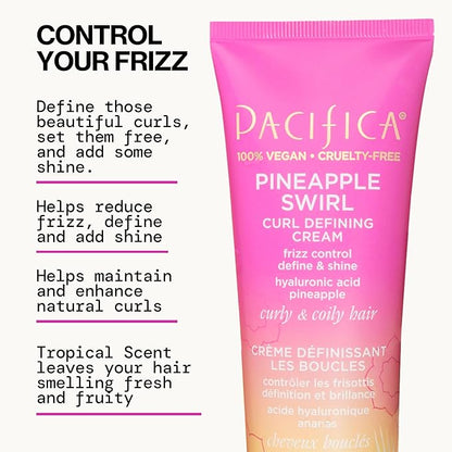Pacifica Pineapple Swirl Curl Defining Cream – Curl Cream for Curly Hair, Curly Hair Products with Coconut Oil and Hyaluronic Acid, Styling for Bouncy Waves Without Crunch - 4 Oz
