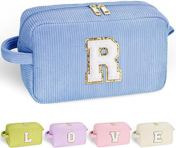 YOOLIFE Teen Girl Gifts Trendy Stuff - Girls Makeup Bag Travel Cosmetic Bag Makeup Brush Bag Toiletry Bag Monogram Makeup Bag Blue Cute Makeup Bag Wedding Bridesmaid Daughter Gifts for Women Letter R