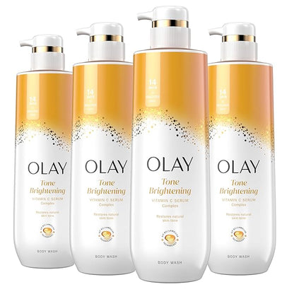 Olay Body Wash for Women, Tone Brightening Exfoliation, Vitamin C Serum Complex, Renew Moisture, Free of Parabens & Phthalates, Vitamin B3 Lameller Technology, For All Skin Types, 20 fl oz (Pack of 4)
