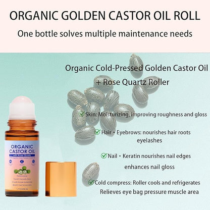 Organic Castor Oil with Rose Quartz Roller, 100% Pure Cold-Pressed, Organic Castor Oil Roll On Rose Quartz, Hexane-Free,Amber Glass Bottle for Skin 1.7oz (2)