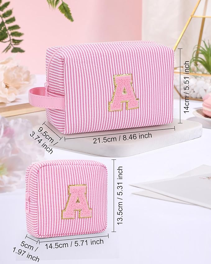 MONSTINA Personalized Initial Makeup Bag Set for Girls&Women,Personalized Make Up Case for Girlfriend Graduation Teacher Gifts,Cute Toiletry Bag Preppy Chenille Letter Patch,2PCS,Pink V